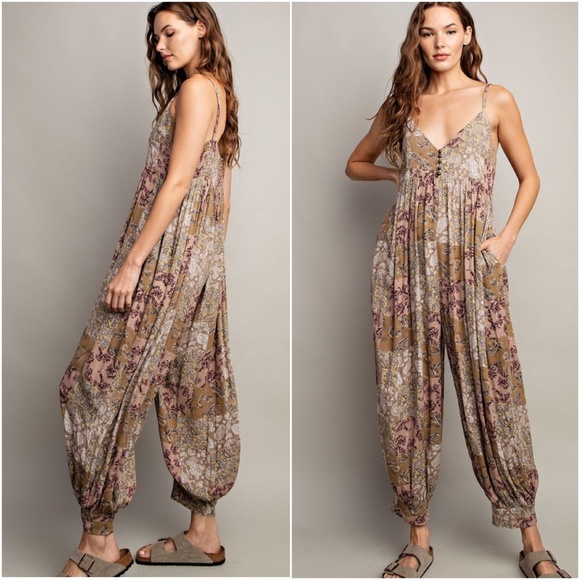 080 Boho Blue Paisley Print Pockets Jumpsuit - Picture 9 of 10